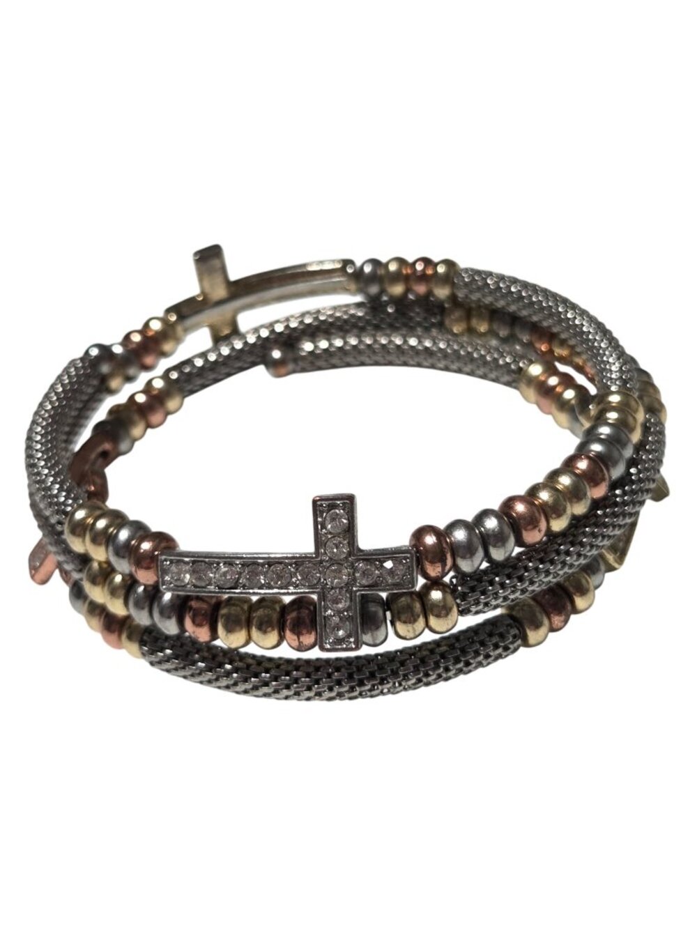 Rhinestone Cross Beaded Bracelet Stacked Coil Religious Fashion Jewelry Women